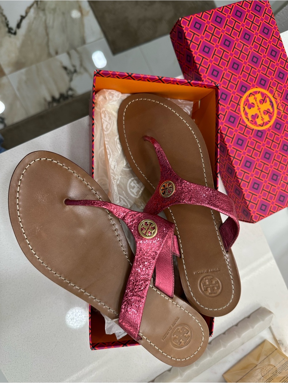 Tory Burch Metallic Rose Gold Miller Thong Sandals